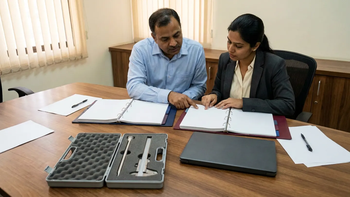 Indian male head of biomedical engineering in a light-blue formal shirt and female hospital capital procurement manager in a charcoal blazer over a cream blouse seated at a warm walnut conference table inside a hospital review room with vertical window blinds, reviewing two open colour-tabbed ring binders in navy and burgundy alongside an open foam-lined grey inspection case holding a brushed-steel biomedical probe and a stainless-steel vernier caliper, a closed dark-grey laptop, blank white reference sheets, and two pens.