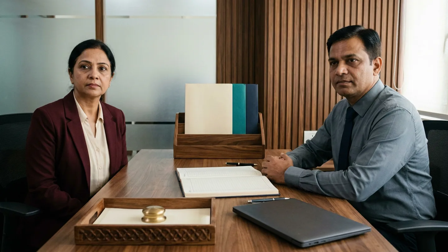 Indian female financial counselling lead in a burgundy blazer over a cream blouse and male inpatient billing supervisor in a slate-grey collared shirt with a dark-navy tie seated at a walnut desk inside a hospital financial counselling office with vertical walnut slats and frosted glass, alongside a wooden sorter holding cream, teal, and navy folders, an open hardbound estimate register, a carved wooden tray with cream slips under a brass paperweight, a closed dark-grey laptop, and two pens.