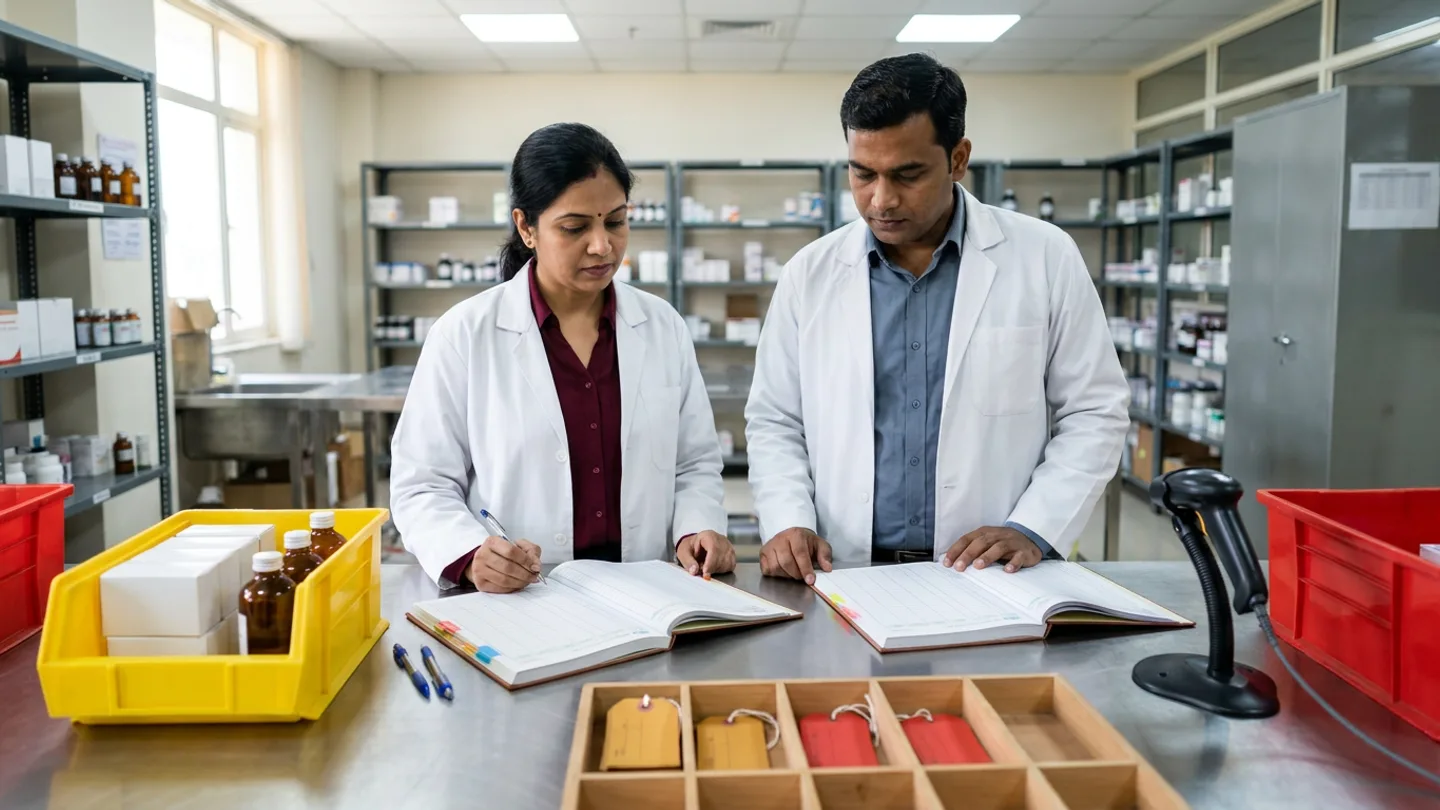Indian female senior pharmacy stock controller in a white lab coat over a burgundy top and male pharmacy operations auditor in a white lab coat over a slate-blue collared shirt standing at a brushed stainless-steel counter inside a hospital pharmacy store with metal shelving behind them, reviewing two open colour-tabbed hardcover expiry-action registers with a pen between a yellow plastic quarantine tote bin holding white pharmaceutical cartons and amber glass bottles and a red plastic return tote bin, a partitioned wooden tray of blank amber and red quarantine tags tied with string, a black handheld barcode scanner in its stand, and two blue pens.