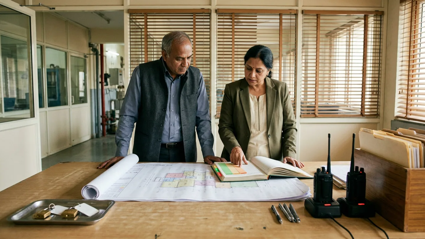 Indian male chief hospital facilities engineer in a slate-blue shirt and charcoal waistcoat and female department operations coordinator in an olive blazer over a cream tunic standing at a light-oak planning table before glass office partitions and wooden venetian blinds, reviewing an unrolled architectural floor-plan schematic with colour-coded zone overlays and an open hardbound work-order handover register with green, amber, and red index tabs alongside a stainless-steel tray holding two brass padlocks with blank white tags, two handheld two-way radios in desktop charging docks, a wooden file box with cream folders, and four pens.