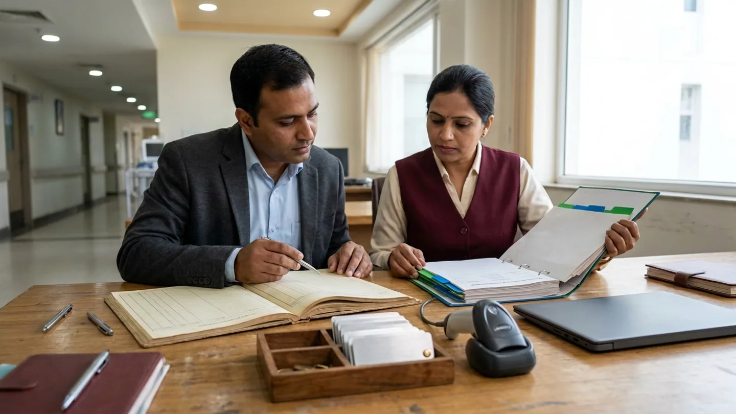Indian male hospital asset-accounting coordinator in a charcoal blazer over a light-blue shirt and female biomedical engineering records specialist in a burgundy waistcoat over a cream shirt seated at a warm oak worktable, comparing an open fixed-asset capitalization register with ruled columns against a biomedical equipment location ring binder with green and blue index tabs alongside a compartmented wooden tray holding blank brushed-aluminium asset plates and brass fasteners, a corded handheld scanner in its cradle, two silver pens, and a closed dark-grey laptop.