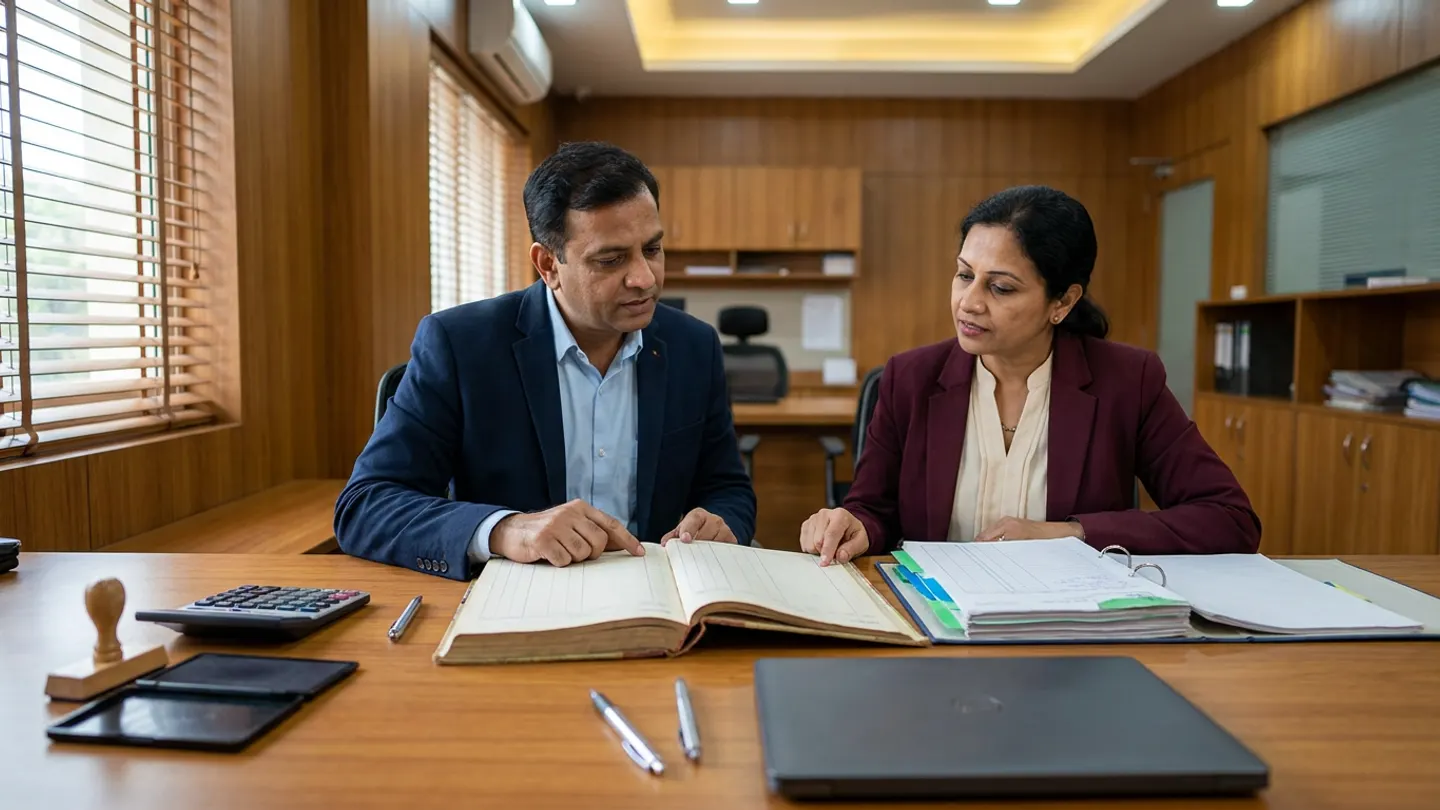 Indian male hospital finance controller in a navy blazer over a light-blue shirt and female accounting manager in a burgundy blazer over a cream blouse seated at a teak desk before wooden venetian blinds, comparing an open hardbound billing control ledger against a general-ledger voucher ring binder with green and blue index tabs alongside a desktop calculator, a wooden rubber stamp beside an open black ink pad, three silver pens, and a closed dark-grey laptop.