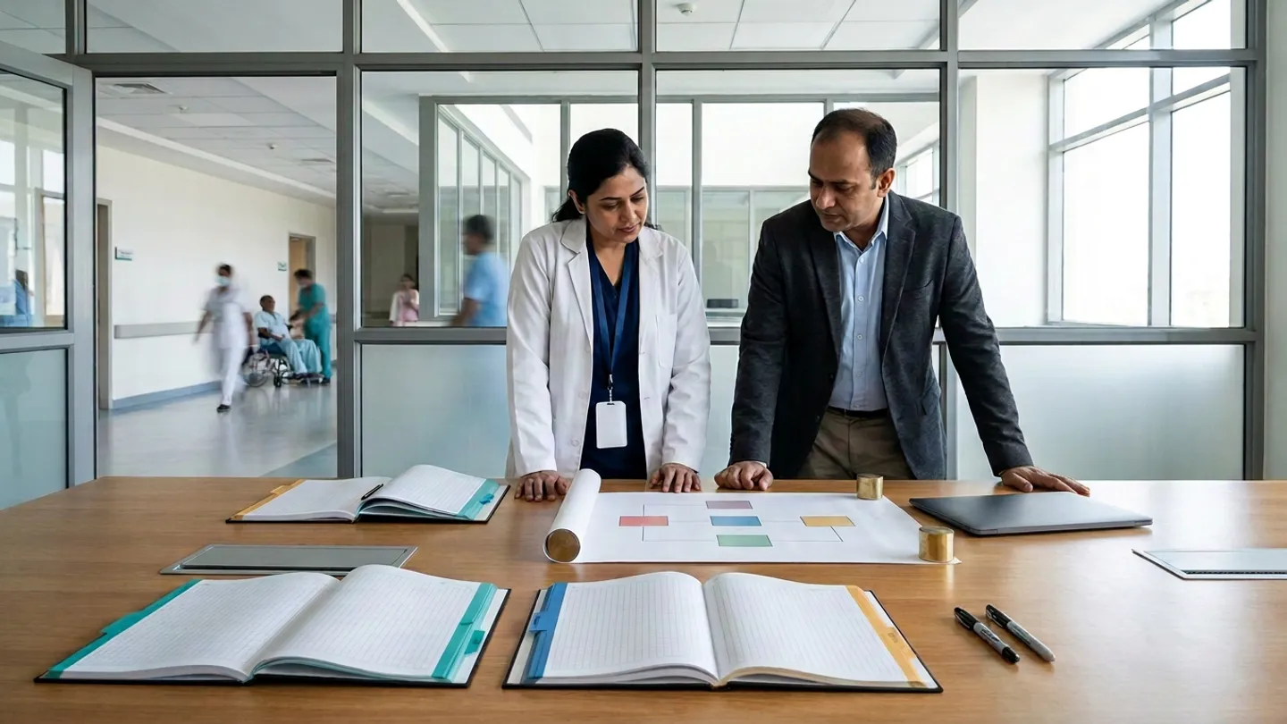 Indian female clinical informatics lead in a white coat over a navy top with a blank white badge on a navy lanyard and male hospital ERP systems lead in a charcoal blazer over a light-blue collared shirt standing at a warm oak table inside a glass-partitioned hospital room overlooking a corridor, reviewing three open colour-tabbed hardcover record-ownership registers with teal, blue, and amber margin dividers alongside an unrolled schematic sheet held flat by two cylindrical brass paperweights showing colour-coded blocks joined by orthogonal lines, a closed dark-grey laptop, two tablets, and two capped pens
