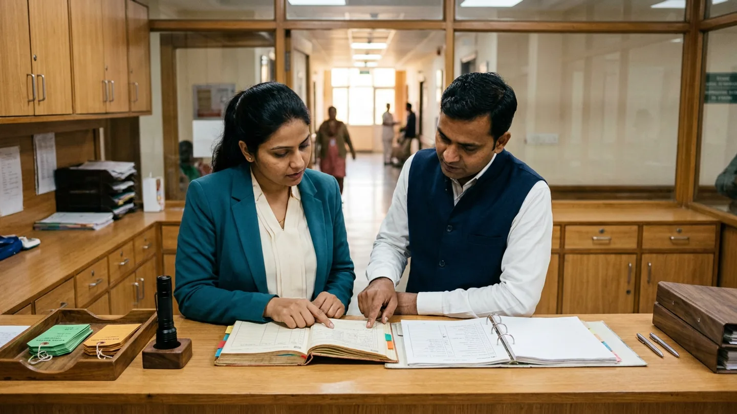 Indian female hospital environmental-services supervisor in a teal blazer over an ivory blouse and male inpatient bed-turnaround coordinator in a navy waistcoat over a white shirt standing at a warm oak counter before glass ward partitions, comparing an open hardbound terminal-cleaning completion logbook with green, amber, and red index tabs against an open room-readiness checklist ring binder alongside a wooden tray holding green and amber room-status tags, a black handheld inspection torch in a wooden base, stacked wooden document trays, and two silver pens.