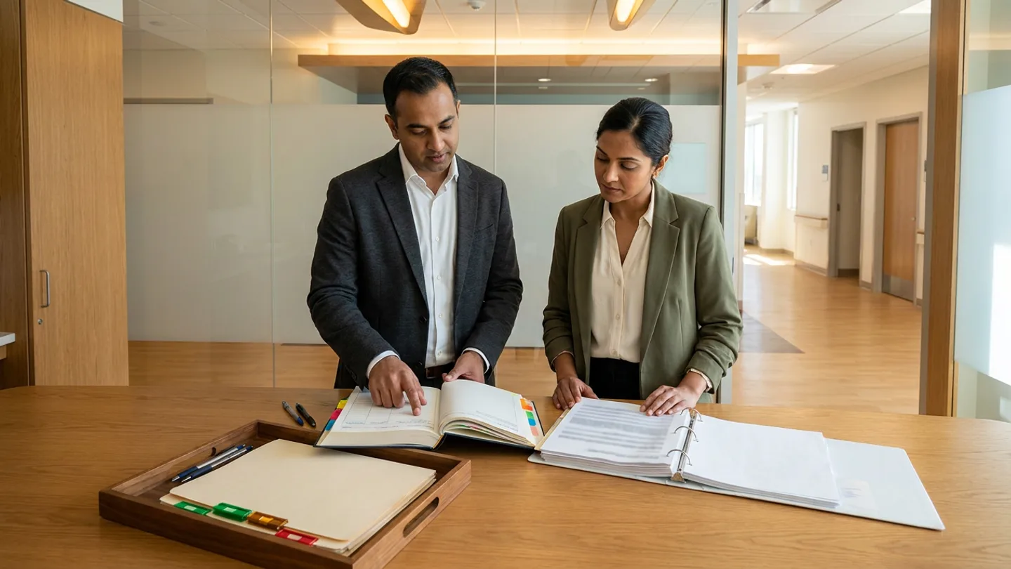 Indian male hospital risk-governance officer in a charcoal blazer over a white shirt and female clinical quality coordinator in an olive-green blazer over a cream blouse standing at a warm oak review table before frosted-and-clear glass partitions looking onto a calm hospital administrative corridor, comparing an open hardbound incident-notification and root-cause investigation register with colour-coded index tabs against an open timeline-review ring binder alongside a wooden tray holding plain manila case folders with green, amber, and red severity tab clips, and pens.