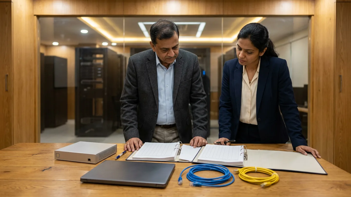 Indian male senior hospital systems architect in a charcoal blazer over a light-blue collared shirt and female clinical interface engineer in a navy blazer over a cream blouse standing at a warm oak technical review table in front of a glass-partitioned server equipment room, reviewing two open ring binders with ruled reconciliation grids alongside a compact brushed-aluminium network gateway appliance, a closed dark-grey laptop, coiled blue and yellow ethernet patch cables, and two pens.