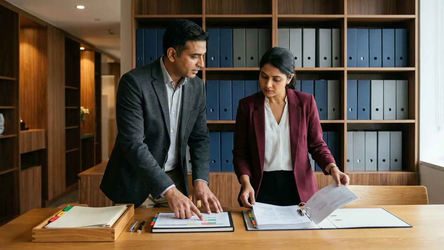 Indian male hospital internal-audit lead in a charcoal blazer over a light-blue collared shirt and female clinical governance audit coordinator in a burgundy blazer over a cream blouse standing at a warm oak review table before walnut shelving filled with rows of navy and grey lever-arch box files, comparing an open hardbound annual internal-audit schedule and evidence-gap register with colour-coded index tabs against an open ring binder of department audit checklists alongside a wooden tray holding plain cream working-paper folders with green, amber, and red status tabs, and two pens.