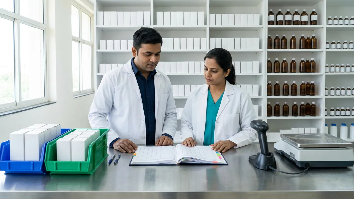Indian male chief hospital pharmacist in a white lab coat over a navy collared shirt and female pharmacy inventory controller in a teal scrub top under a white lab coat standing at a brushed stainless-steel counter inside an inpatient pharmacy store with white shelves holding white medicine cartons and amber glass bottles behind them, reviewing an open colour-tabbed navy hardcover stock-movement ledger flanked by blue and green open-top plastic pharmacy tote bins holding white medicine boxes and two pens on the left and a black handheld barcode scanner in its cradle and a stainless-steel counting scale on the right