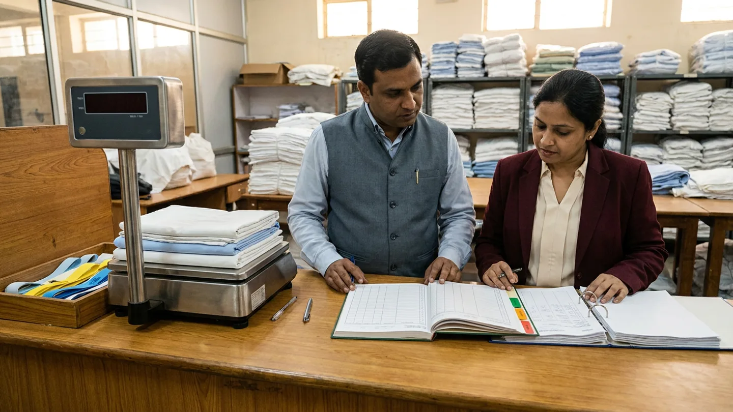 Indian male hospital linen-store supervisor in a slate-grey waistcoat over a light-blue shirt and female laundry-vendor coordinator in a burgundy blazer over a cream blouse standing at a warm oak inspection counter before metal shelving stacked with folded white and blue ward linen bundles, comparing an open hardbound linen dispatch-and-return ledger with green, amber, and red index tabs against an open vendor batch-receipt ring binder alongside a stainless-steel bench scale with an unlit display holding folded white and pale-blue cotton bedsheets, a wooden tray with yellow and blue strap loops, and two silver pens.