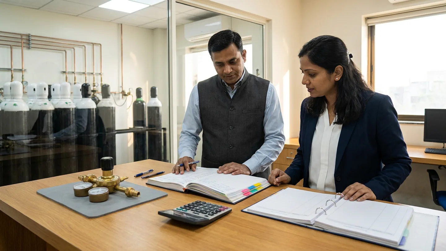 Indian male hospital facilities engineering supervisor in a charcoal waistcoat over a light-blue shirt and female clinical utilities quality coordinator in a navy blazer over a white blouse standing at a warm oak desk beside a glass partition overlooking a medical-gas manifold room with white-shouldered cylinders and copper manifold piping, comparing an open hardbound manifold pressure and changeover logbook with colour-coded index tabs against an open vendor cylinder certificate ring binder alongside a brass pressure-regulator valve assembly with twin dials on a grey mat, a desktop calculator, and pens.