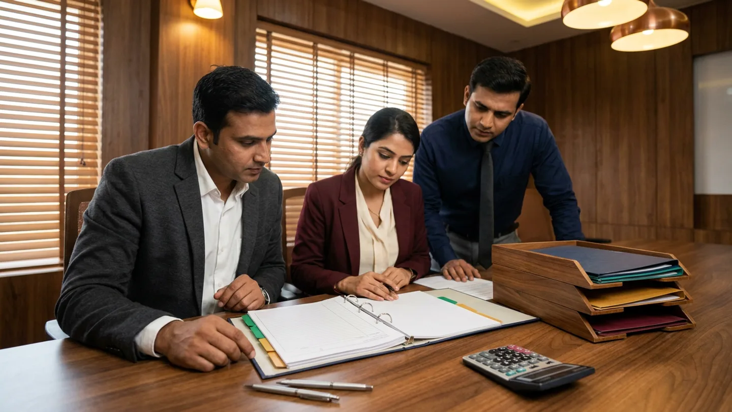 Three Indian hospital finance and billing leads in a charcoal blazer over a white shirt, a maroon blazer over a cream blouse, and a navy collared shirt with a dark tie gathered at a walnut conference table before wooden venetian blinds, reviewing an open month-end close checklist ring binder with green and amber index tabs alongside a tiered wooden tray holding navy, teal, ochre, and burgundy folders, a desktop calculator, and two silver pens.