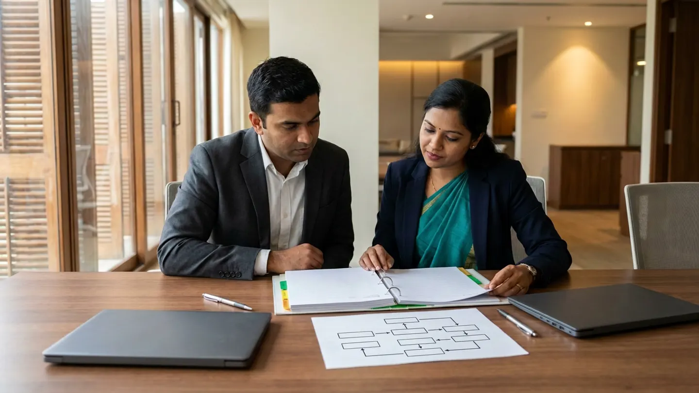 Indian male hospital revenue-cycle systems lead in a charcoal suit jacket over a white shirt and female health-insurance interoperability specialist in a navy blazer over a teal saree seated at a walnut conference table beside wooden window louvres, reviewing an open claims-exchange mapping ring binder with green and amber index tabs alongside a printed flowchart diagram sheet, two closed dark-grey laptops, and two silver pens.