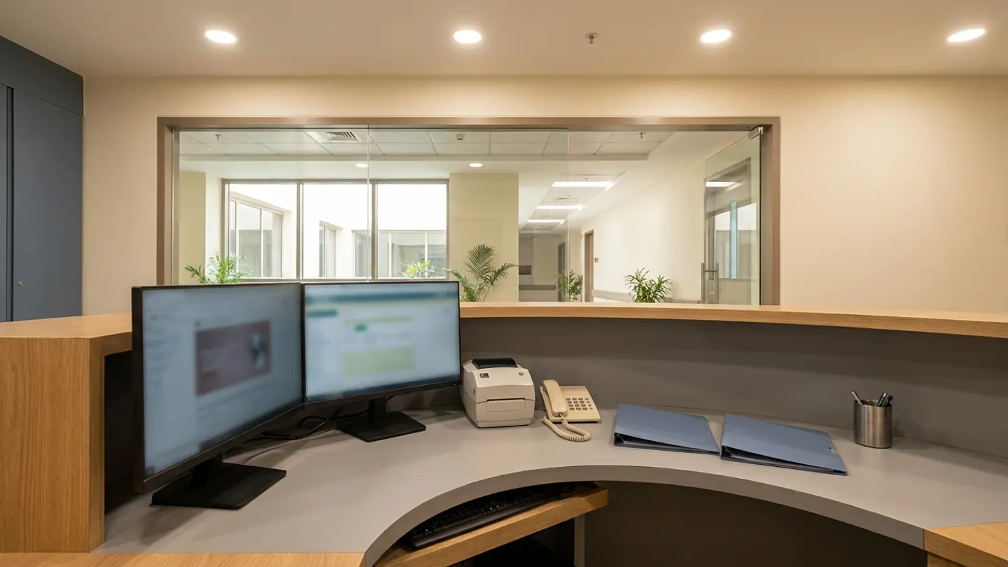 Curved timber and grey administrative desk with dual monitors, a desktop label printer, a corded telephone and two blue folders overlooking a sunlit corridor through a glass partition.