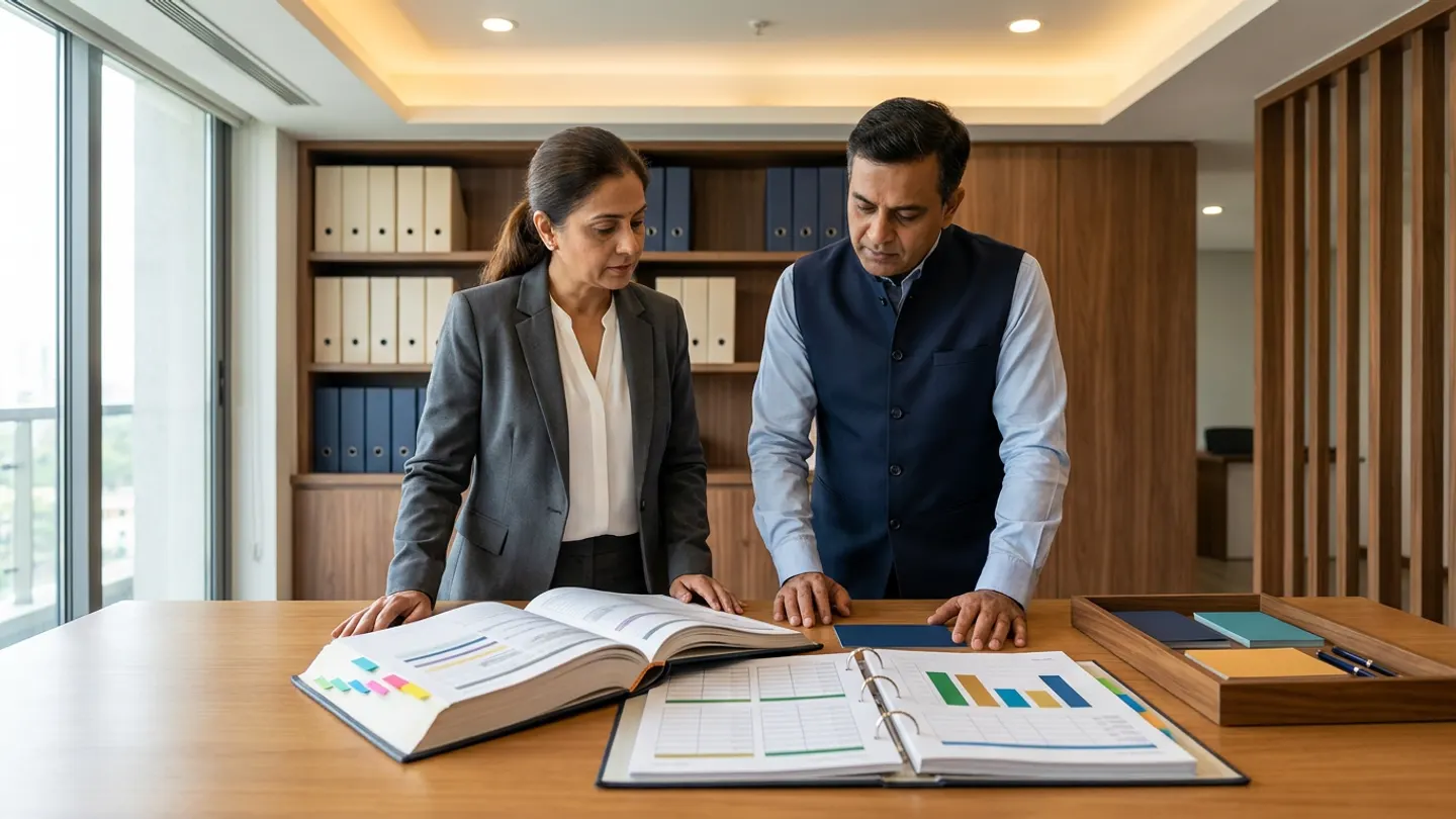 Indian female hospital operations-analytics lead in a charcoal blazer over a white blouse and male clinical performance governance manager in a navy waistcoat over a light-blue collared shirt standing at a warm oak review table before walnut shelving filled with rows of cream and navy archival box files and vertical timber slats, comparing an open hardbound operational metric-definition and denominator-governance register with colour-coded index tabs against an open ring binder of department KPI lineage sheets with geometric green, amber, and blue bar blocks alongside a wooden organiser tray holding plain navy, teal, and amber metric-domain cards and two pens.