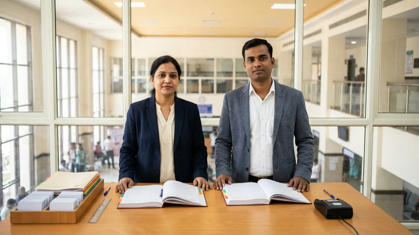 Indian female senior patient registration and medical records manager in a navy blazer over a cream blouse and male patient-master governance lead in a grey blazer over a white collared shirt standing at a warm oak review desk inside a glass-partitioned hospital registration governance office, reviewing two open colour-tabbed burgundy hardcover patient-master duplicate resolution registers alongside a wooden tray holding two stacks of blank white PVC patient identity cards and colour-coded manila registration folders, a stainless-steel ruler, a black desktop smart-card reader, and two blue pens.