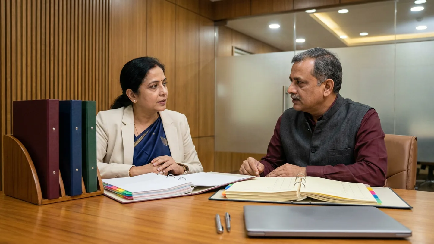 Indian female hospital commercial contracting lead in a cream blazer over a navy saree and male tariff governance analyst in a charcoal waistcoat over a maroon collared shirt seated at a polished teak table inside a hospital boardroom with vertical teak slats and frosted-glass partitions, reviewing two open ring binders with colour-coded index tabs alongside a wooden rack holding upright burgundy, navy, and green binders, a closed silver laptop, and two pens.