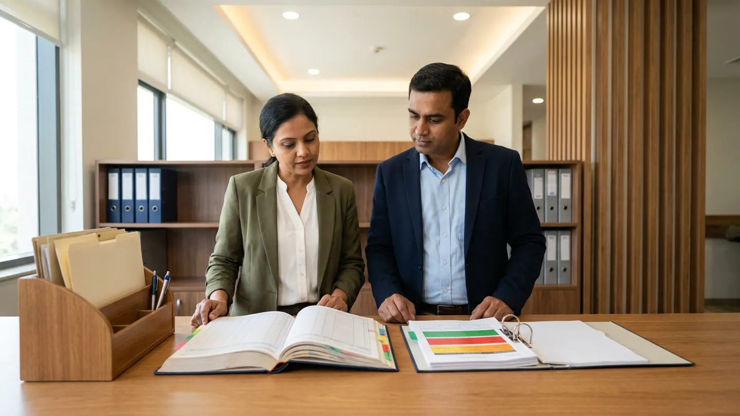 Indian female hospital revenue-cycle systems lead in an olive-green blazer over a white blouse and male treasury and payment-reconciliation manager in a navy blazer over a light-blue collared shirt standing at a warm oak review table before walnut shelving filled with rows of navy and grey lever-arch box files and vertical timber slats, comparing an open hardbound payment-gateway callback versus bank-settlement reconciliation register with colour-coded index tabs against an open ring binder of daily settlement batch verification sheets with green, red, and amber status blocks alongside a wooden desk organiser holding plain cream folders and two pens.