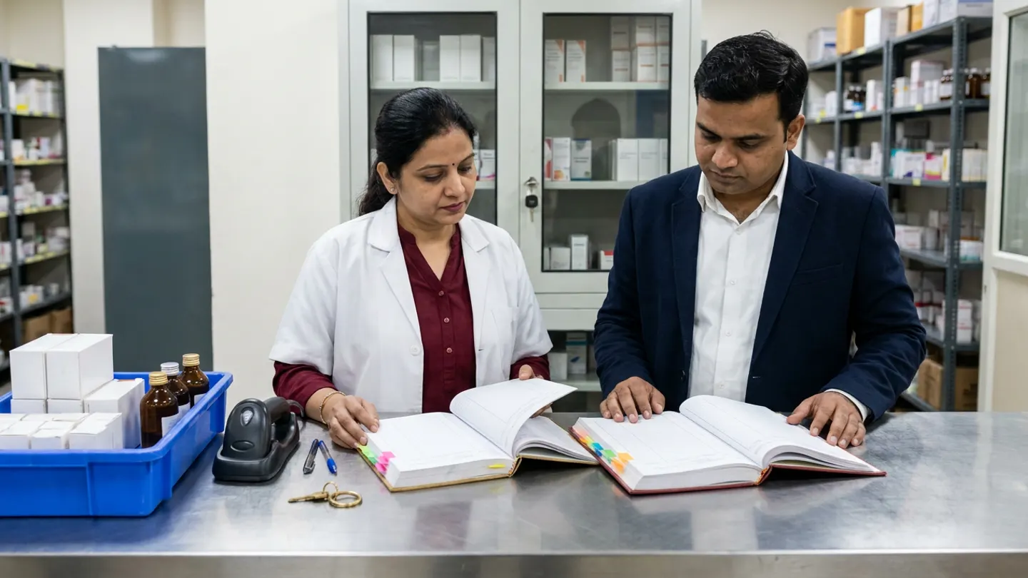 Indian female chief pharmacist in a white lab coat over a maroon blouse and male inventory audit officer in a navy blazer over a white collared shirt standing at a brushed stainless-steel counter in front of a locked glass-door medicine cabinet inside a hospital central pharmacy, reviewing two open colour-tabbed inventory control registers alongside a blue plastic bin holding plain white medicine cartons and three amber glass bottles, a black handheld barcode scanner in its cradle, a brass key ring, and two pens.