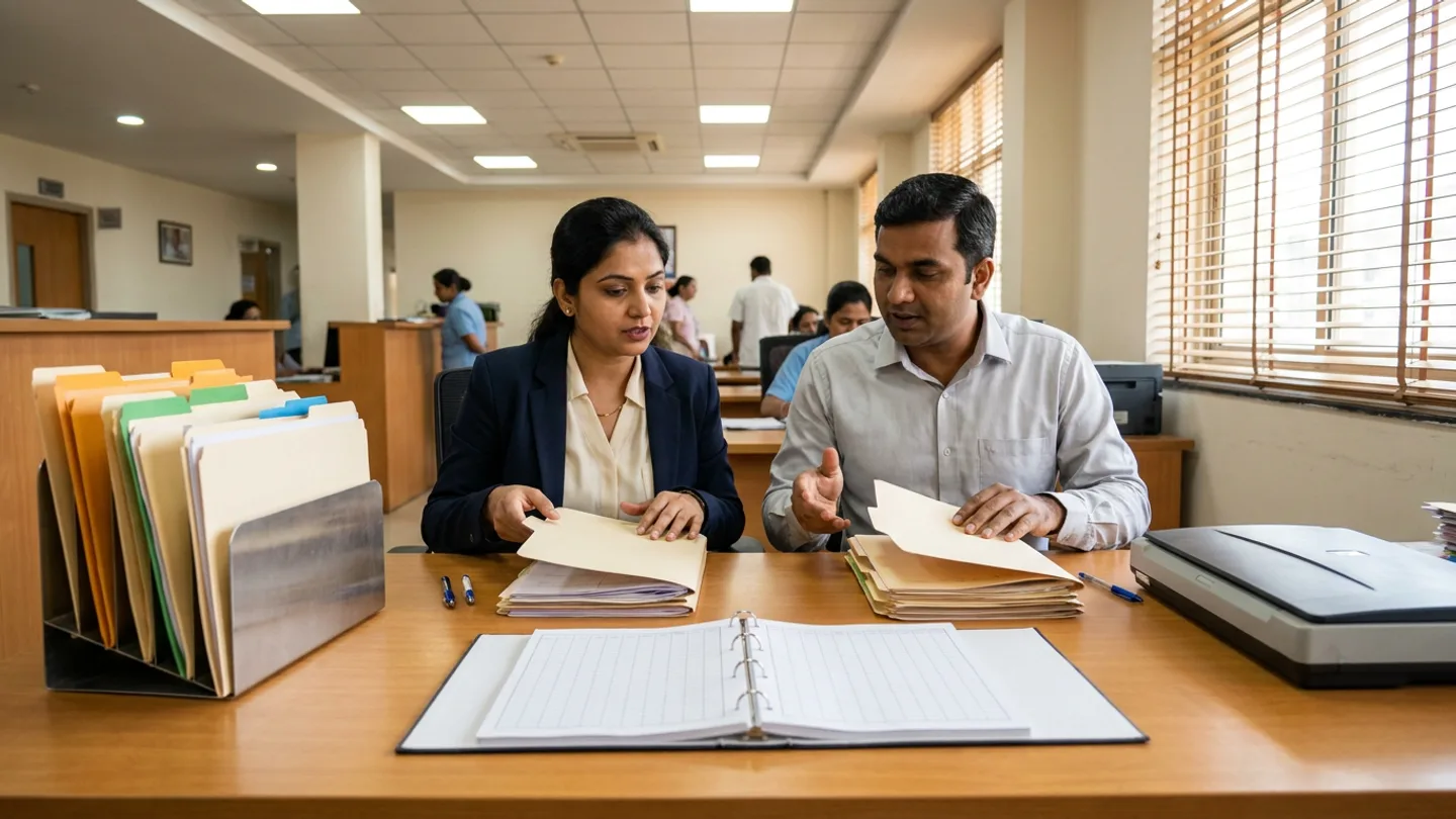 Indian female insurance preauthorisation coordinator in a navy blazer over a cream blouse and male clinical billing documentation lead in a light-grey formal shirt seated at a warm oak desk inside a sunlit hospital billing office with Venetian blinds, reviewing manila preauthorisation case files behind an open wide-format ring binder with ruled grids, flanked by a brushed-steel vertical file sorter holding amber-, green-, and blue-tabbed manila folders on the left and a closed flatbed document scanner and three pens on the right.