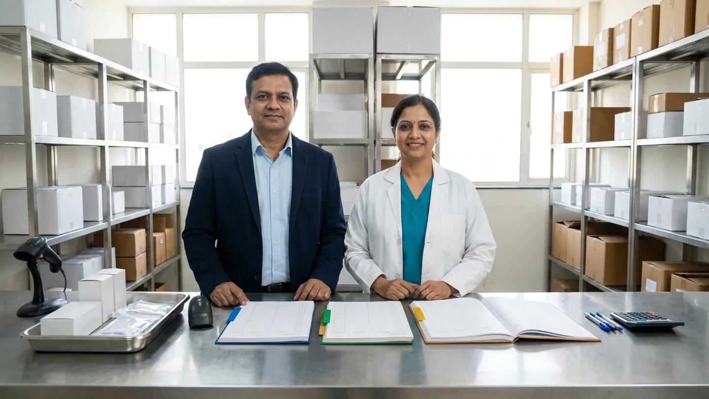 Indian male hospital procurement manager in a navy blazer over a light-blue shirt and female central-stores receiving officer in a white lab coat over a teal scrub top standing at a brushed stainless-steel counter inside a daylight-lit medical store room with stainless-steel shelving holding white and kraft cartons behind them, reviewing three open colour-tabbed registers side by side beside a stainless-steel receiving tray containing three white pharmaceutical boxes and clear sealed surgical pouches, a black handheld barcode scanner in its stand, a second cordless scanner, a desktop calculator, and three pens