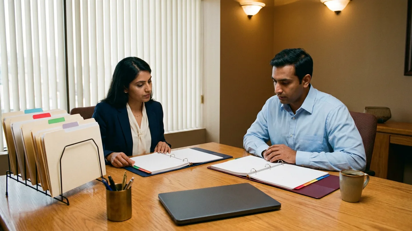 Indian female hospital finance controller in a navy blazer over a cream blouse and male senior purchase manager in a light-blue formal shirt seated at a warm oak conference table inside a hospital review room with vertical window blinds and warm wall sconces, reviewing an open colour-tabbed navy ring binder and an open colour-tabbed burgundy ring binder alongside a black wire tiered file rack holding manila requisition folders with colour-coded tabs, a brass pen holder with pens, a closed dark-grey laptop, and a stoneware coffee mug.