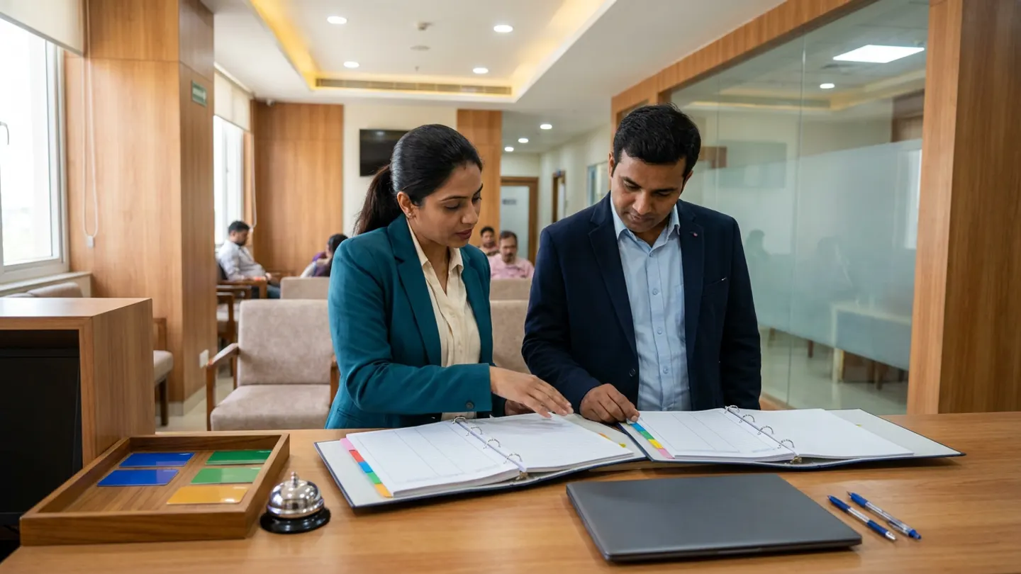 Indian female outpatient operations manager in a teal blazer over a cream blouse and male patient-flow coordinator in a navy blazer over a light-blue collared shirt standing at a warm wooden outpatient registration counter in front of an upholstered waiting area and frosted-glass consultation corridor, reviewing two open colour-tabbed ring binders alongside a wooden tray holding blank blue, green, and amber queue token cards, a brushed-steel mechanical desk bell, a closed dark-grey laptop, and two blue pens.
