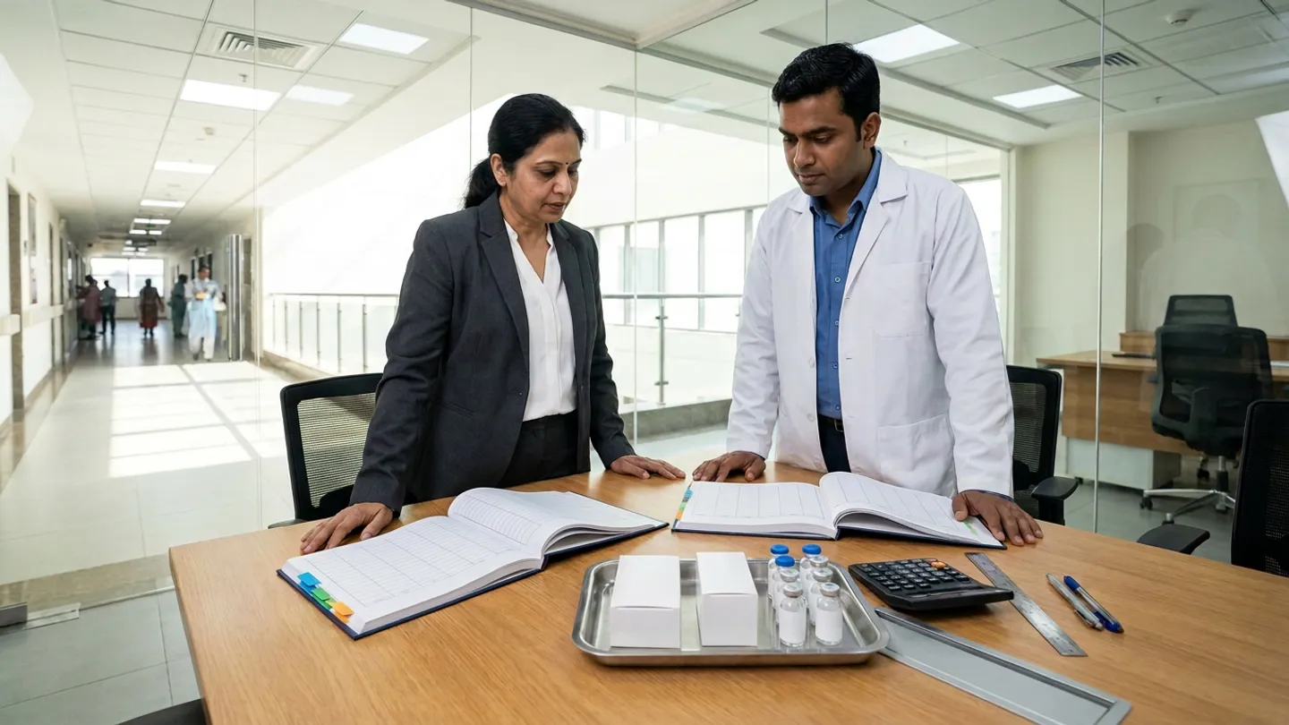 Indian female senior hospital purchasing lead in a charcoal blazer over a white blouse and male clinical pharmacy procurement specialist in a white lab coat over a medium-blue collared shirt standing at a warm oak table inside a glass-partitioned office overlooking a hospital corridor, reviewing two open colour-tabbed hardcover quotation-comparison registers beside a stainless-steel tray holding two white pharmaceutical pack boxes and six clear glass medical vials with blue and silver caps, a black desktop calculator, a plain silver metal straightedge, and two pens