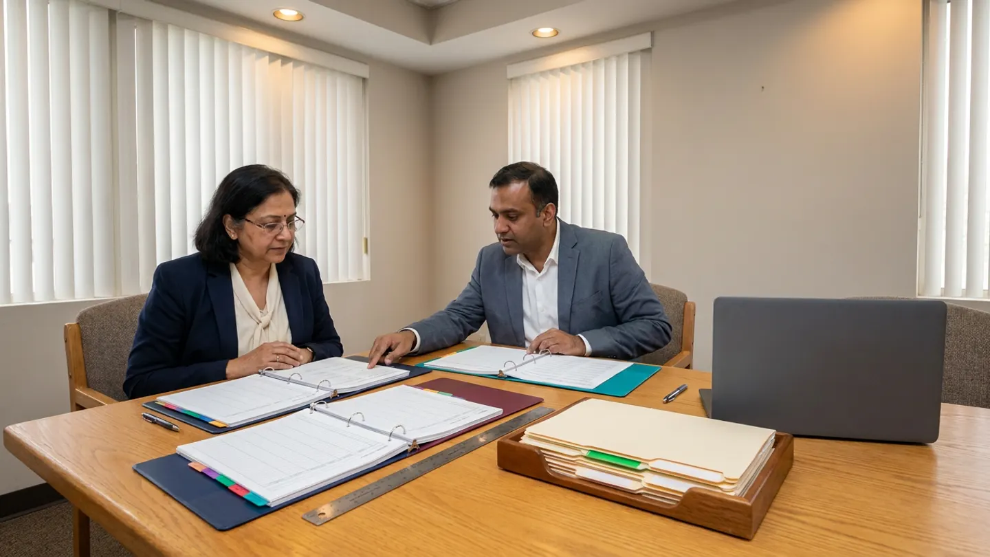 Indian female central procurement director in a navy blazer over a cream blouse and male branch purchasing lead in a slate-grey blazer over a white collared shirt seated at a warm oak conference table inside a hospital review room with vertical window blinds, comparing three open colour-tabbed ring binders in navy, burgundy, and teal alongside a stainless-steel ruler, a wooden document tray holding colour-tabbed manila folders, an open dark-grey laptop, and two pens.