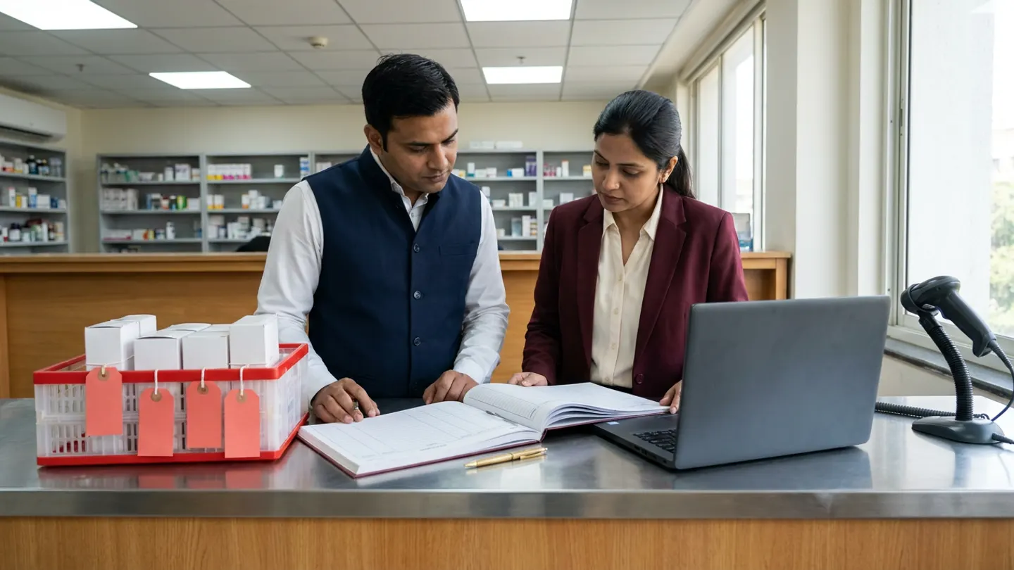 Indian male hospital pharmacy coordinator in a navy waistcoat over a white shirt and female clinical-governance lead in a maroon blazer over a cream blouse standing at a stainless-steel pharmacy counter, cross-checking an open batch traceability register against a red-rimmed quarantine crate holding white cartons with coral-red tie tags hanging from the front, a brass pen, an open dark-grey laptop, and a corded barcode scanner in its cradle.
