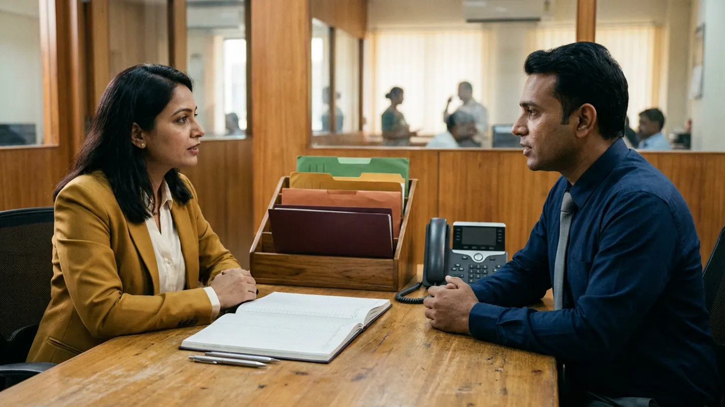 Indian female hospital revenue-cycle lead in a mustard blazer over a cream blouse and male credit-control specialist in a dark-blue shirt with a grey tie seated across a warm oak desk inside a wood-panelled hospital finance office, alongside a tiered wooden file sorter holding green, ochre, terracotta, and burgundy ageing-bucket folders, an open receivables ledger with ruled columns, two silver pens, and an unpowered desk telephone.