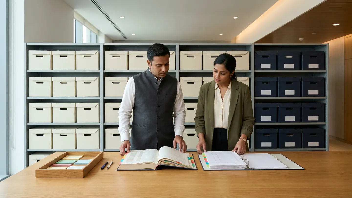 Indian male hospital medical-records archivist lead in a charcoal waistcoat over a white collared shirt and female legal-compliance records coordinator in an olive-green blazer over a cream blouse standing at a warm oak review table before matte-steel archival shelving holding neat rows of plain cream and navy archival transfer boxes, comparing an open hardbound records-retention schedule and legal-hold register with colour-coded index tabs against an open access-authorisation ring binder alongside a wooden organiser tray holding plain colour-coded retention category cards, and two pens.