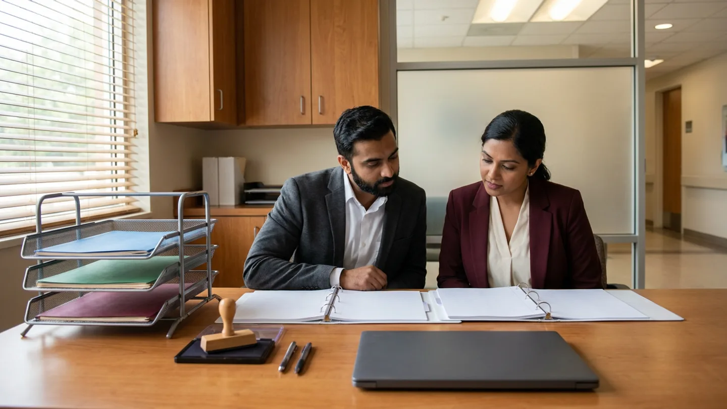Indian male patient referral coordinator in a charcoal blazer over a white collared shirt and female specialty clinic operations lead in a maroon blazer over a cream blouse seated at a warm oak desk inside a hospital coordination office with Venetian window blinds and a frosted-glass partition, reviewing two open ring binders with ruled sheets alongside a three-tier wire file organizer holding blue, green, and burgundy referral folders, a wooden rubber stamp on an ink pad, a closed dark-grey laptop, and two pens.