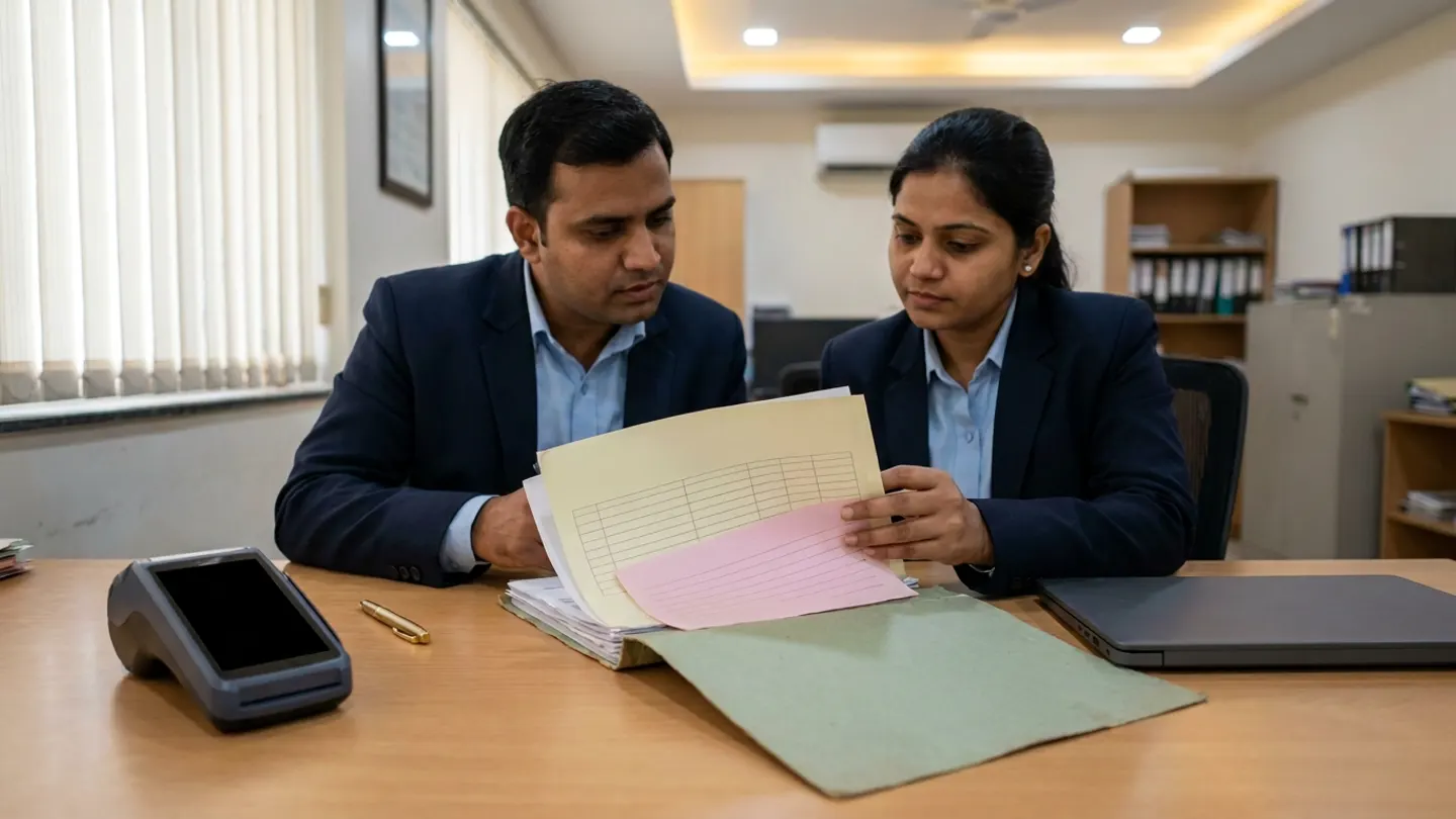 Two Indian hospital patient-accounts specialists in navy blazers over light-blue collared shirts seated at a light-oak desk inside a hospital billing office with vertical window blinds, reviewing a pale-yellow ruled refund authorisation sheet and a pink carbon-copy receipt slip inside a sage-green settlement folder, alongside an unpowered countertop payment terminal, a brass pen, and a closed dark-grey laptop.