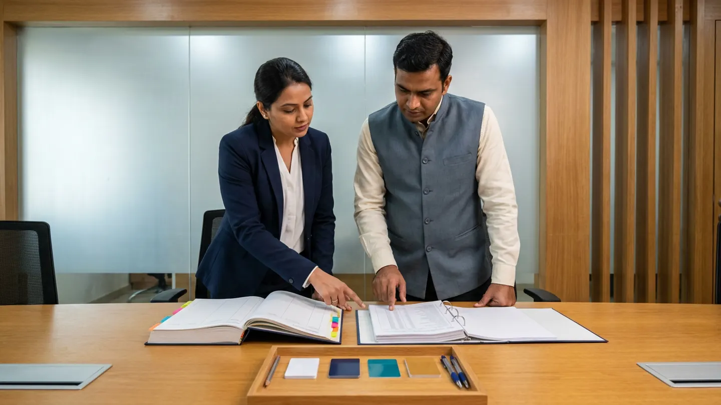 Indian female hospital information-security lead in a navy blazer over a white blouse and male clinical operations access coordinator in a slate-grey waistcoat over a cream collared shirt standing at a warm oak review table before a frosted glass partition and vertical timber slats, comparing an open hardbound role-based access matrix register with colour-coded index tabs against an open ring binder of site and department access-authorisation sheets alongside a wooden organiser tray holding plain white, navy, teal, and amber access-tier cards and two pens.