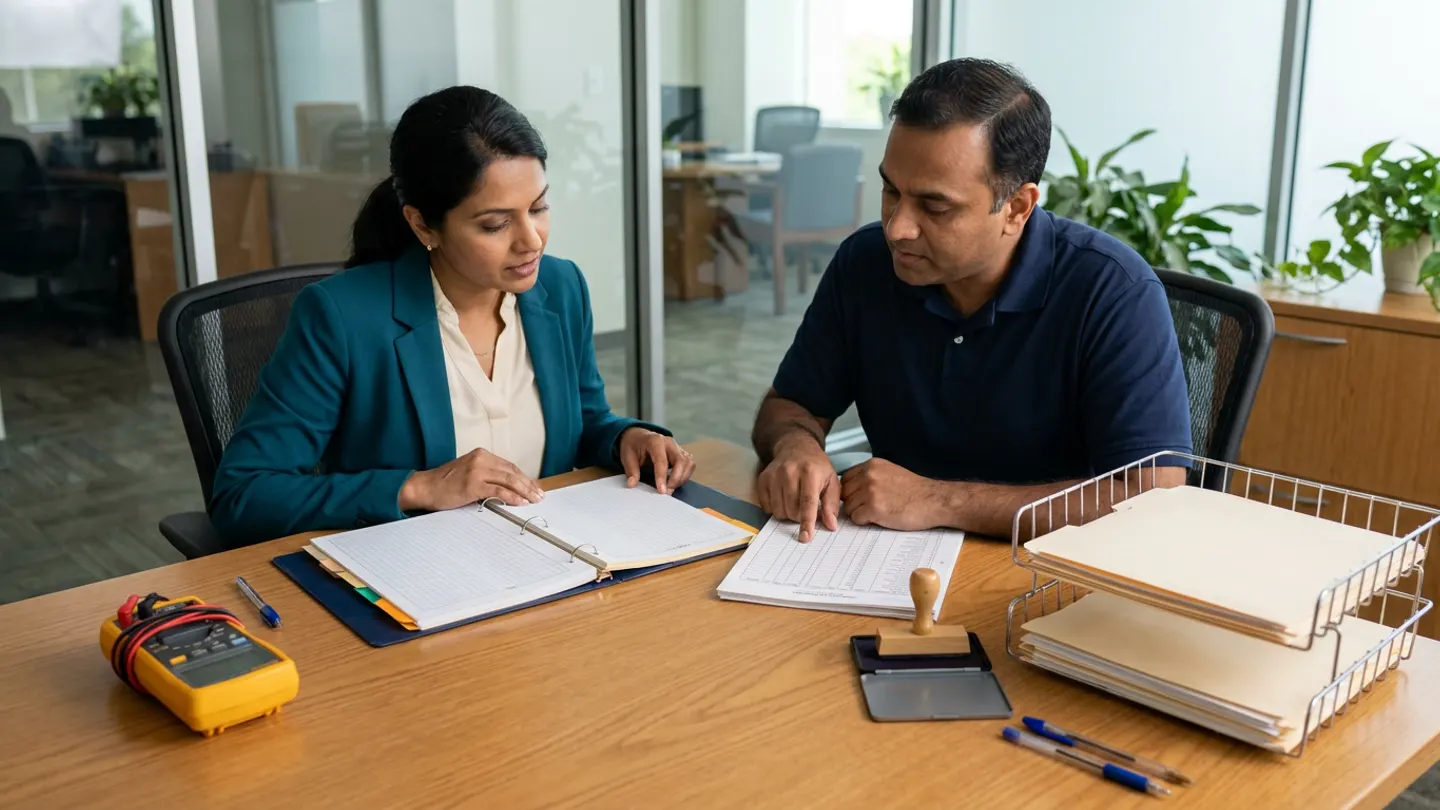 Indian female hospital engineering and contracts manager in a teal blazer over a cream blouse and male vendor service supervisor in a navy polo shirt seated at a warm oak review table inside a glass-partitioned hospital facilities office, reviewing an open colour-tabbed navy ring binder and a ruled service milestone checklist alongside a compact yellow digital multimeter with an unlit screen and coiled test leads, a wooden rubber stamp on an ink pad, a two-tier wire file tray holding manila folders, and three pens.