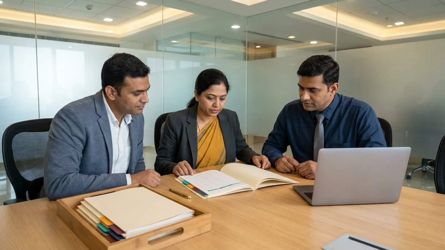 Three Indian hospital management-accounting and clinical operations leads in a slate-grey blazer over a white shirt, a charcoal blazer over a mustard saree, and a dark-blue shirt with a grey tie seated around a light-oak conference table, examining an open service-line cost-allocation workbook with colour-coded tabs alongside a wooden tray holding matching tabbed folders, a brass pen, and an open silver laptop.