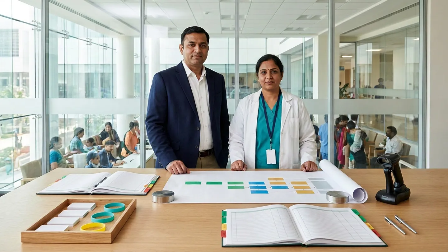 Indian male hospital operations director in a navy blazer and white collared shirt and female nursing operations superintendent in a teal scrub top under a white lab coat with a blank white badge on a navy lanyard standing at a light-oak table inside a glass-walled hospital room overlooking an outpatient waiting area, reviewing two open colour-tabbed hardcover acceptance-test registers alongside an unrolled workflow swimlane diagram held flat by two cylindrical brushed-steel paperweights showing green, blue, and amber blocks, a partitioned wooden tray holding blank white cards and teal and yellow wristbands, a black handheld barcode scanner in its cradle, and two silver pens