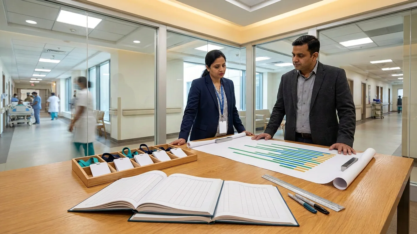 Indian female nursing director in a navy blazer over a patterned blouse with a blank white badge on a blue lanyard and male clinical workforce scheduling lead in a charcoal blazer over a grey shirt standing at a warm oak planning table inside a glass-walled hospital room overlooking an inpatient ward corridor, reviewing two open hardcover shift-coverage registers alongside an unrolled shift-coverage bar chart held flat by two rectangular brushed-steel weights showing green, blue, and amber bars, a partitioned wooden tray of blank white staff cards on teal and navy lanyards, a silver metal straightedge ruler, and two pens