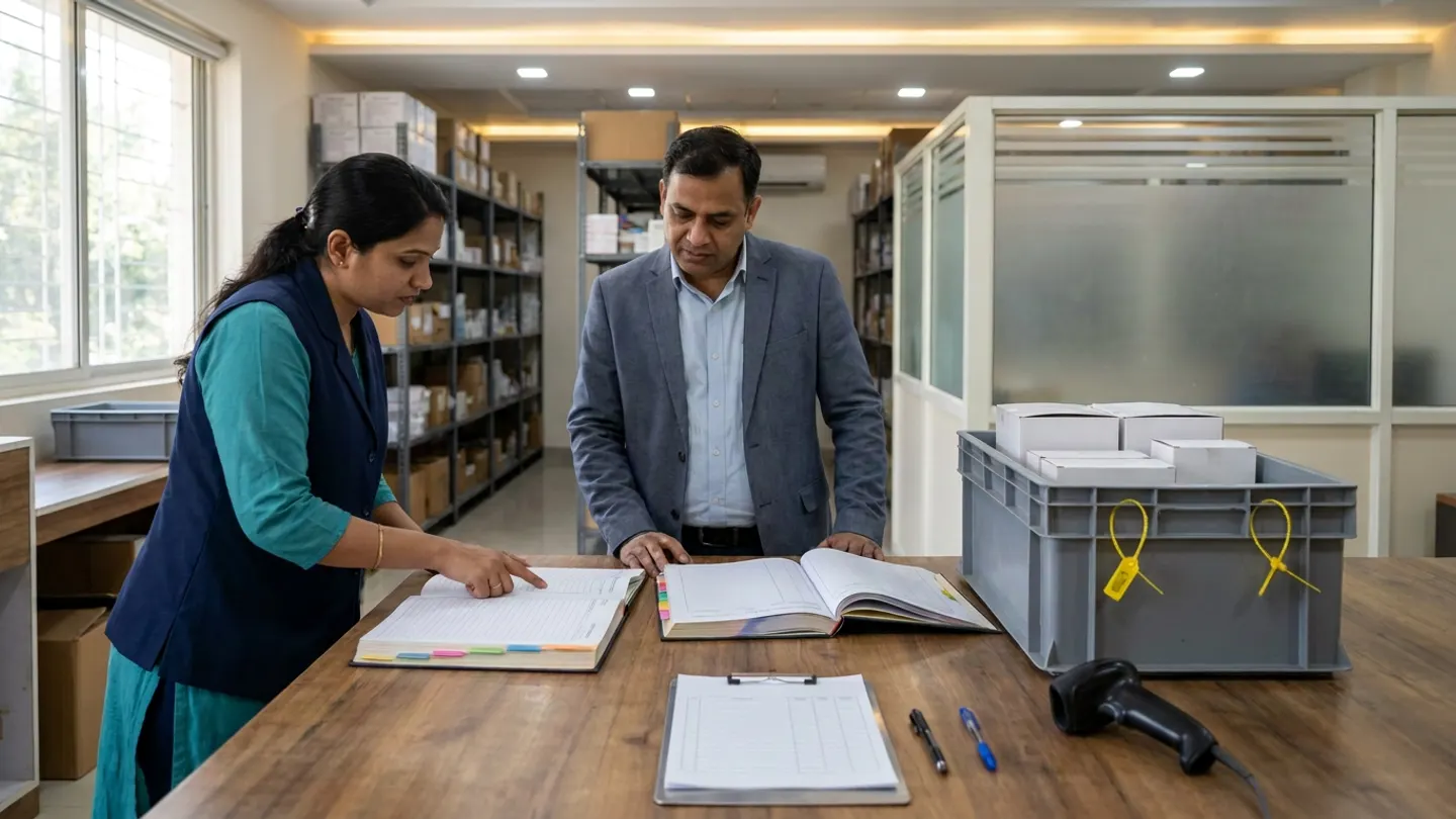 Indian female ward store receiving supervisor in a teal kurta with a navy vest and male central store dispatch coordinator in a slate-grey blazer over a light-blue collared shirt standing at a wide wooden dispatch table inside a hospital pharmacy transfer bay, reconciling two open colour-tabbed stock transfer registers alongside an open grey tote containing white cartons, with two yellow seal loops hanging from the front, a stainless-steel clipboard with a blank ruled voucher, a black handheld barcode scanner, and two pens.