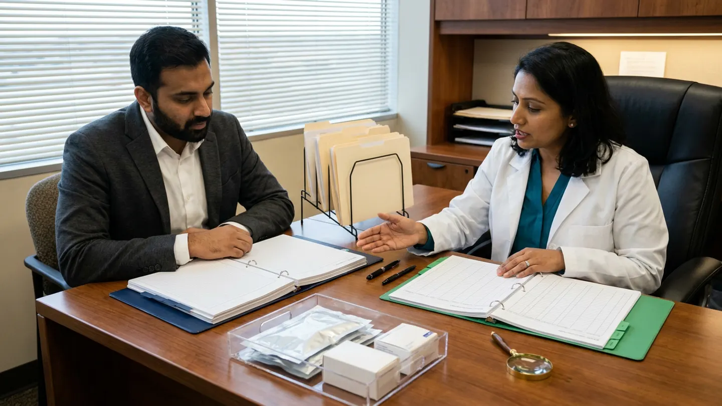 Indian male hospital procurement quality lead in a charcoal blazer over a white collared shirt and female pharmacy regulatory compliance officer in a white lab coat over a teal blouse seated at a warm walnut desk inside a hospital procurement office with Venetian window blinds, reviewing an open navy ring binder and an open green colour-tabbed ring binder alongside a clear acrylic inspection tray holding sealed silver medical consumable pouches and two plain white sample cartons, a brass magnifying loupe with a wooden handle, a black wire file rack holding manila vendor dossiers, and two pens.