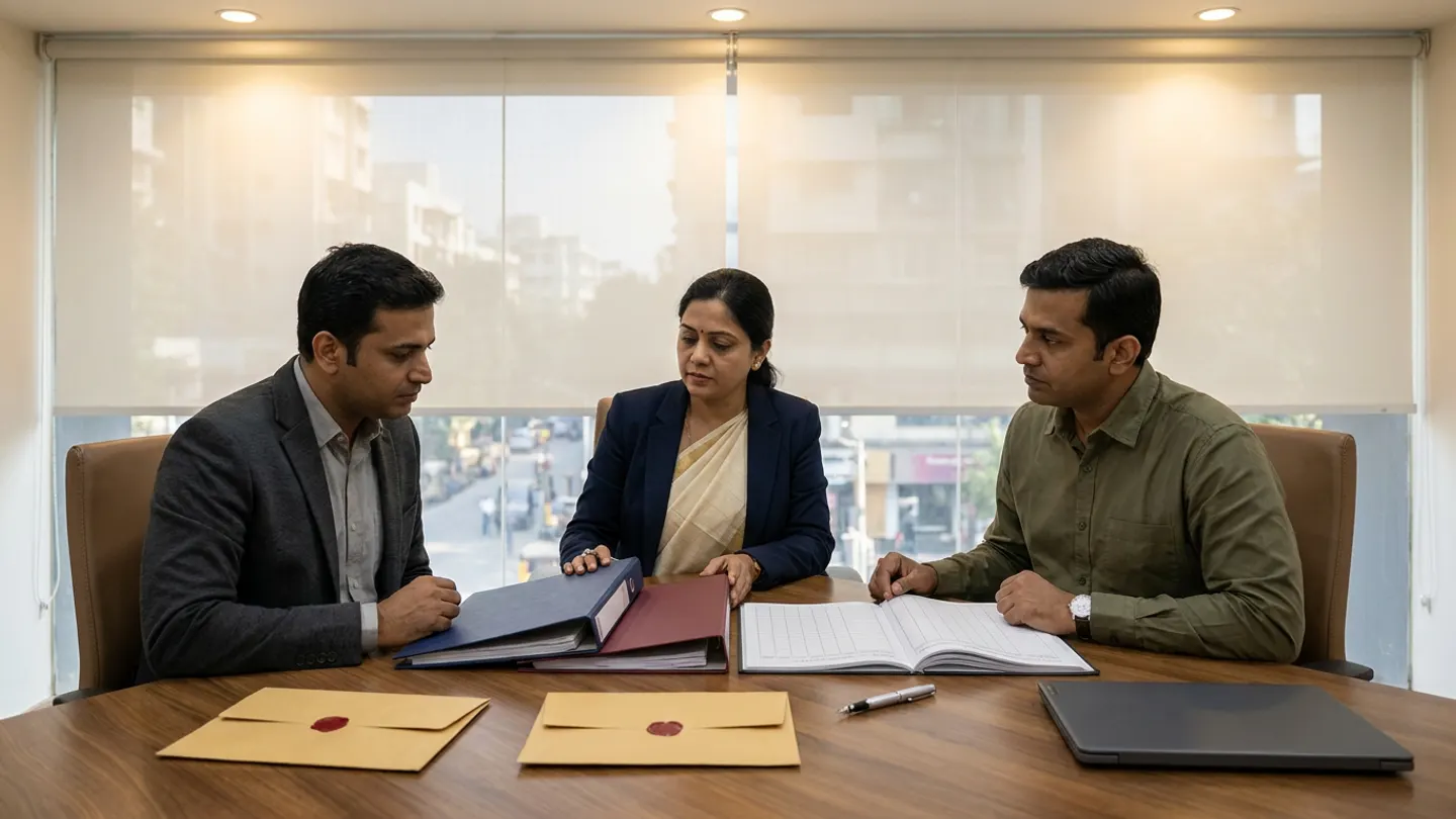 Three Indian hospital procurement committee members in a charcoal blazer, a navy blazer over a cream saree, and an olive collared shirt seated at a walnut conference table before sheer window blinds, comparing navy and maroon vendor bid binders against an open comparative scoring ledger with ruled columns alongside two manila commercial envelopes sealed with red wax, a silver pen, and a closed dark-grey laptop.