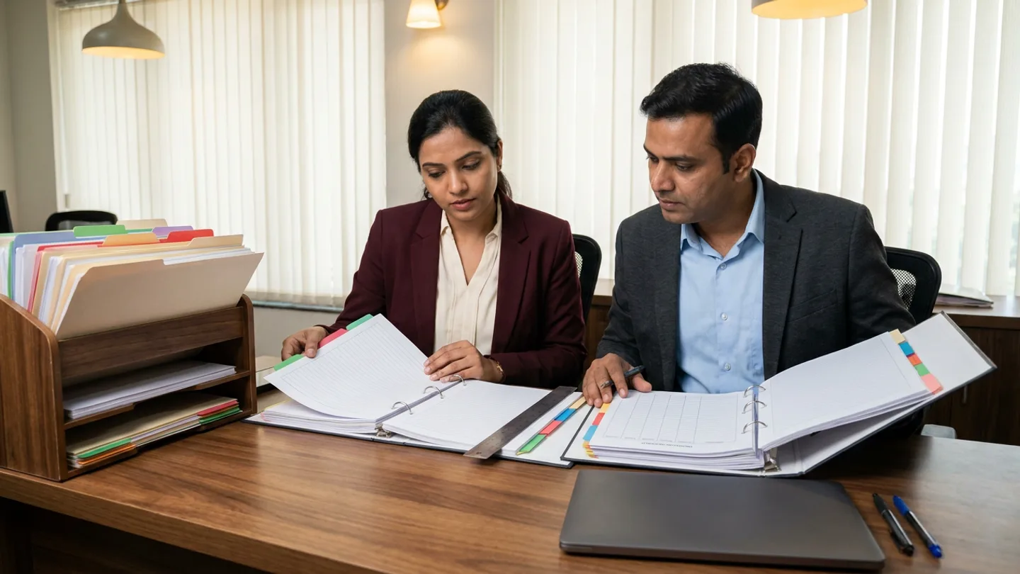 Indian female TPA claim settlement analyst in a burgundy blazer over a cream blouse and male hospital revenue cycle manager in a dark-grey blazer over a light-blue collared shirt seated side by side at a warm walnut desk inside a hospital billing office with vertical window blinds, reviewing two open wide-format colour-tabbed claim settlement reconciliation ring binders with a stainless-steel ruler across the left binder, alongside a tiered wooden organizer holding colour-tabbed claim folders on the left and a closed dark-grey laptop and two pens on the right.