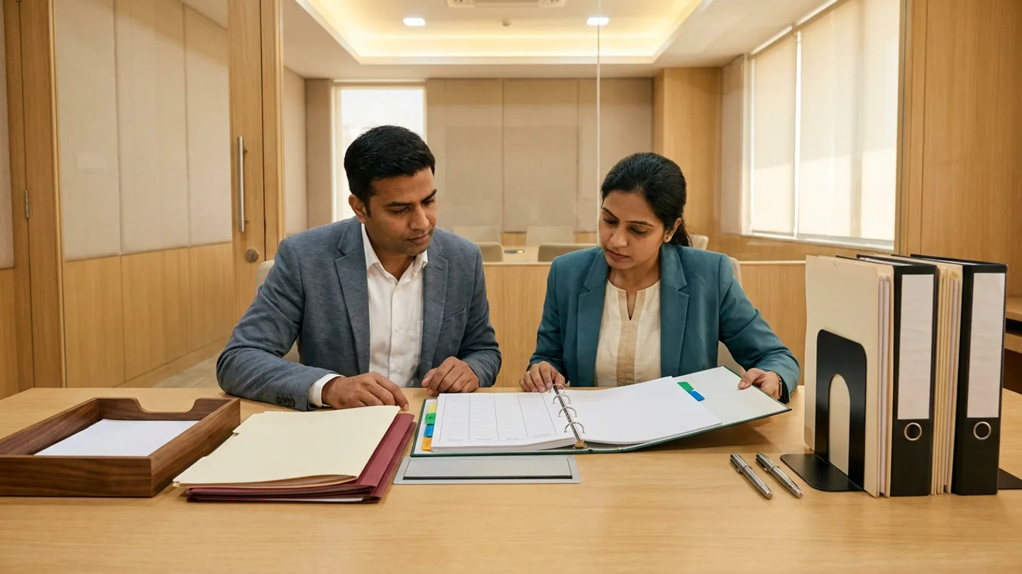 Indian male hospital training manager in a slate-grey blazer over a white shirt and female clinical competency coordinator in a teal blazer over a cream tunic seated at a light-oak conference table before glass partitions overlooking a seminar room, cross-checking an open competency assessment matrix ring binder with ruled grid columns and green, blue, and amber index tabs alongside a stack of cream and burgundy sign-off folders, a walnut document tray, two black lever-arch binders held in matte-black bookends, and two silver pens.