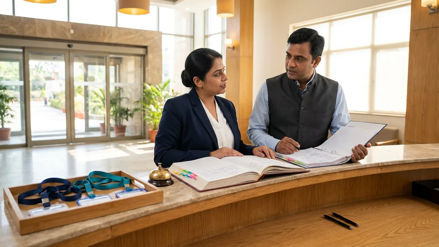 Indian female hospital visitor-access supervisor in a navy blazer over a white blouse and male reception administration coordinator in a charcoal waistcoat over a light-blue collared shirt standing at a warm oak and stone reception counter in a bright hospital entrance concourse with glass doors and indoor greenery in the background, comparing an open hardbound visitor entry and exit register with colour-coded index tabs against an open ring binder of temporary zone-access sheets alongside a wooden tray holding plain visitor pass holders on navy and teal lanyards, a brass desk bell, and two pens.
