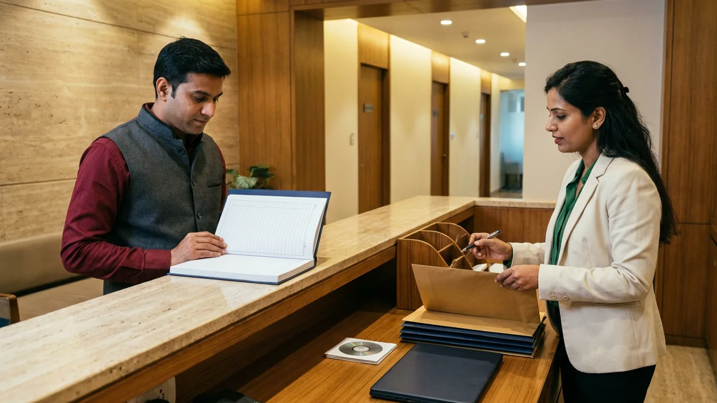 Indian male radiology scheduling coordinator in a dark-grey waistcoat over a burgundy shirt and female report-dispatch lead in a cream blazer over a deep-green blouse at a two-tier travertine stone and teak counter inside a diagnostic imaging centre, reviewing an open navy booking register on the stone ledge alongside oversized kraft and navy radiological film envelopes, a wooden desk sorter, a silver optical disc in a white window sleeve, and a closed dark-grey laptop.