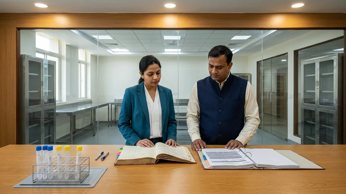 Indian female hospital infection-prevention lead in a teal blazer over a white blouse and male environmental-monitoring records coordinator in a navy waistcoat over a cream collared shirt standing at a warm oak review table beside an interior glass window overlooking an unoccupied stainless-steel environmental-sampling prep room, comparing an open hardbound environmental-swab and bundle-surveillance provenance register with colour-coded index tabs against an open ward audit ring binder alongside a stainless-steel wire rack holding sealed clear sample tubes with blue and yellow caps on a grey mat, and two pens.