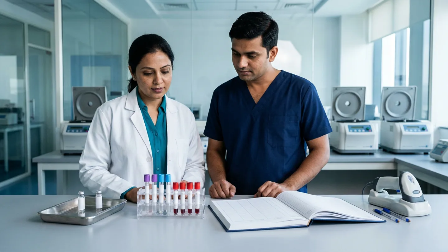 Indian female laboratory quality supervisor in a white lab coat over a teal shirt and male specimen receiving coordinator in a navy-blue scrub top standing at a light-grey diagnostic laboratory accessioning counter with benchtop centrifuges in soft focus, reviewing a stainless-steel tray with two capped vials, a clear acrylic rack of blood collection tubes with purple, blue, and red stoppers, an open hardbound rejection register with ruled pages, a handheld barcode scanner in its cradle, and two pens.