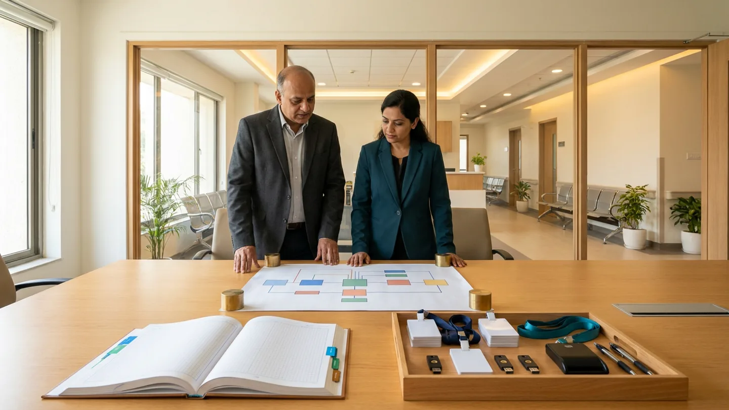 Indian male clinic network operations head in a charcoal suit jacket over a white shirt and female clinic IT governance lead in a deep-teal blazer over a dark top standing at a light-oak conference table inside a glass-partitioned room overlooking an outpatient clinic corridor, reviewing an unrolled hub-and-spoke network diagram held flat by four cylindrical brass weights showing colour-coded blocks connected by orthogonal lines alongside an open colour-tabbed hardcover branch-access register, a wooden tray holding blank white smartcards on navy and teal lanyards, three USB security keys, a black smartcard reader pad, and two pens