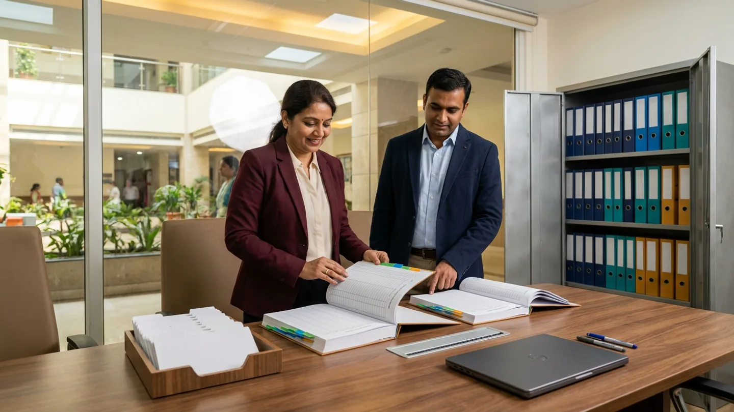 Indian female hospital quality accreditation head in a burgundy blazer over a cream blouse and male clinical audit coordinator in a navy blazer over a light-blue collared shirt standing at a walnut conference table beside an open steel cabinet holding navy, blue, teal, and amber lever-arch binders inside a glass-partitioned room overlooking a hospital courtyard corridor, reviewing two open colour-tabbed hardcover accreditation evidence registers alongside a wooden tray of white index dividers, a silver metal straightedge ruler, a closed dark-grey laptop, and two pens