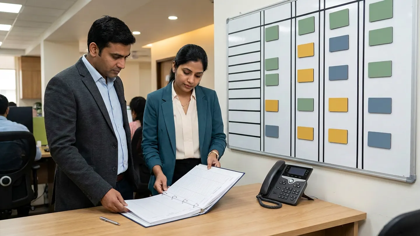 Indian male surgical booking coordinator in a charcoal blazer over a light-blue shirt and female perioperative administrator in a teal blazer over a cream blouse standing beside a wall-mounted magnetic theatre scheduling board with sage-green, amber, and slate-blue magnetic tiles, reviewing an open clearance ring binder on a light-oak desk alongside an unpowered desk telephone and a silver pen.